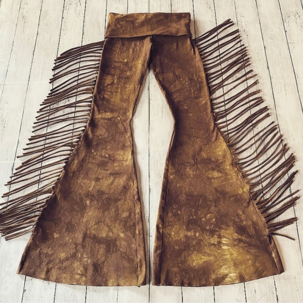 Hiphugger Fringe Bell Bottom Pants in SADDLE Tie Dye Festival Flares XS S M L XL